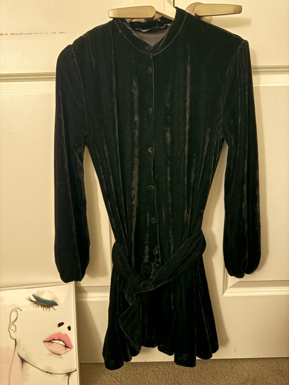 Zara Black Velvet Long-Sleeve Button Dress with Tie Waist